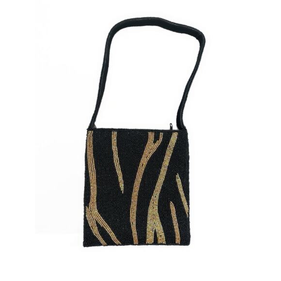 1980s Vintage Purse Shoulder Bag Beaded Black Tan Zebra Stripes Animal Print - Picture 1 of 9